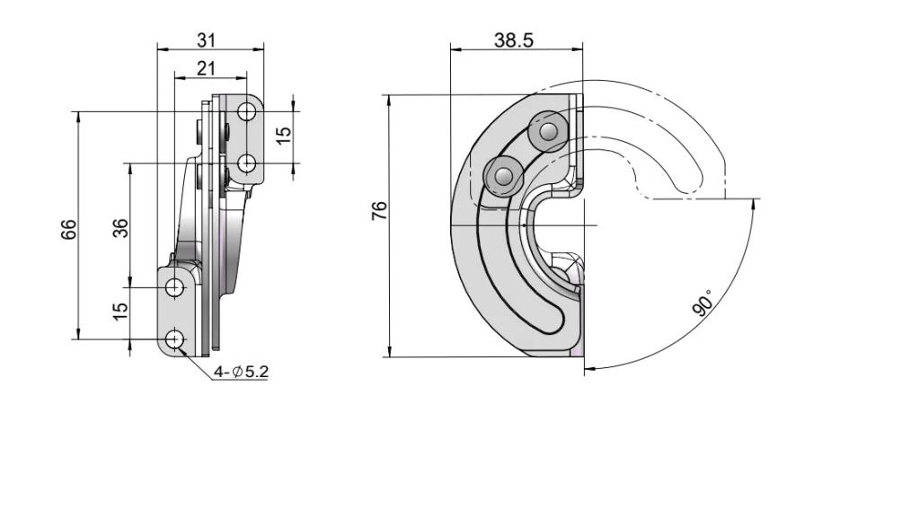XG02-012-1 Concealed 90° rotating hinge Dimension Drawing