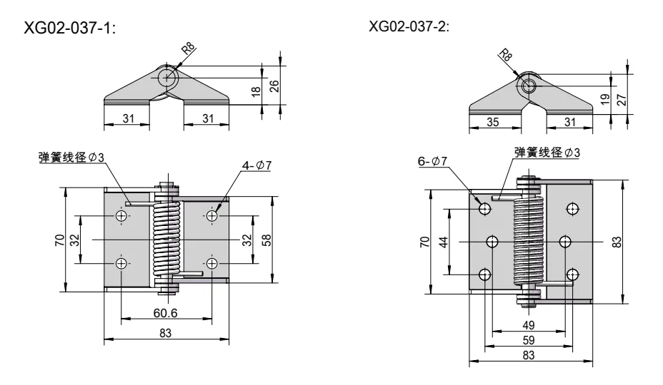XG02-037 Schwerlast-Federscharnier Maßskizze
