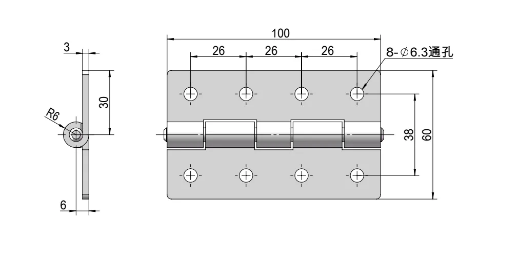 XG02-108 heavy-duty folding hinge Dimension Drawing