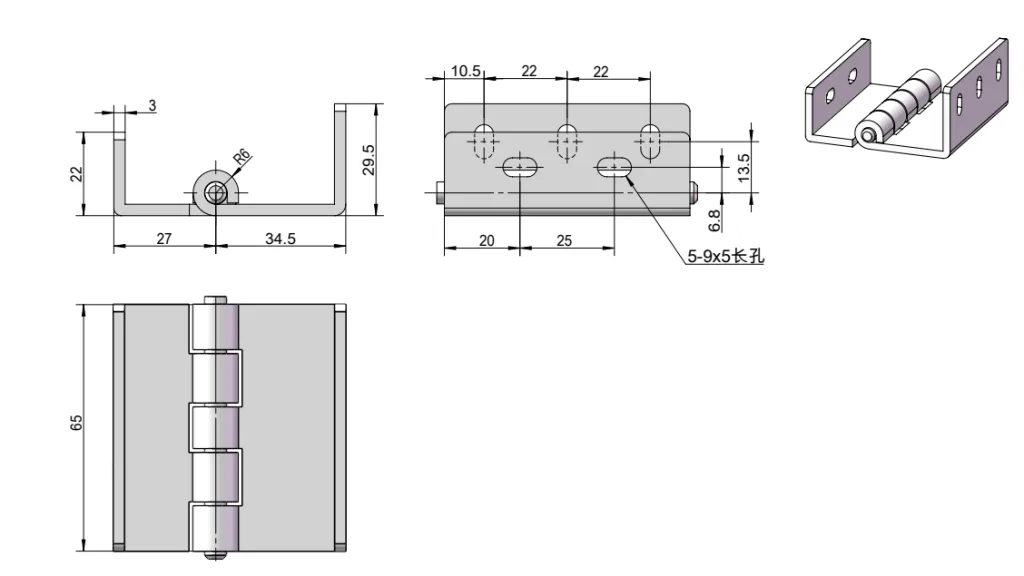 XG02-110 Cerniera a scomparsa a doppia curvatura in acciaio inox 304 Disegno quotato