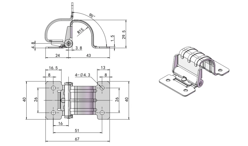 XG11-017 hidden stainless steel torque hinge Dimension Drawing