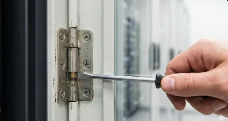 Close-up: A hand using a screwdriver to pry a worn server cabinet hinge