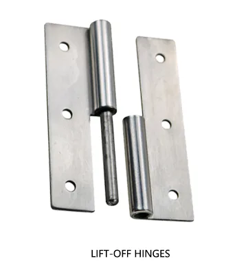 Stainless steel lift-off hinges showing a removable pin design for quick door detachment.
