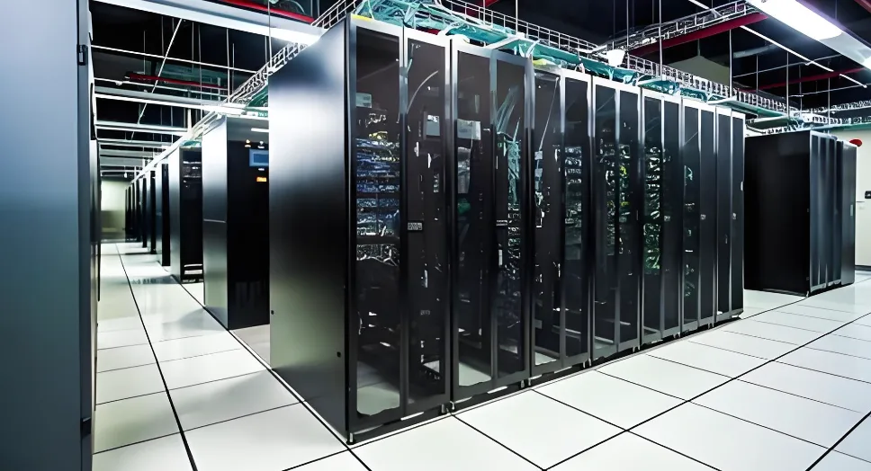 Uniform data center aisle showing server cabinets with concealed hinges for a clean look
