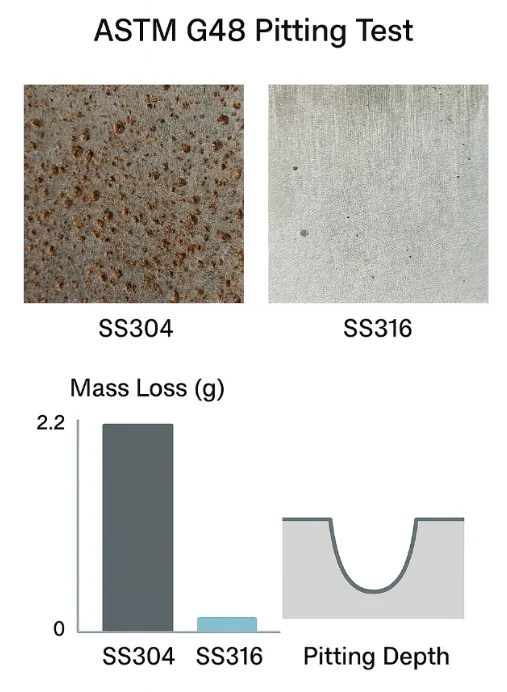 I risultati del test di pitting al cloruro ferrico ASTM G48 mostrano una grave corrosione per vaiolatura e una perdita di massa sul campione SS304 contro un danno minimo sul campione SS316 dopo 72 ore.