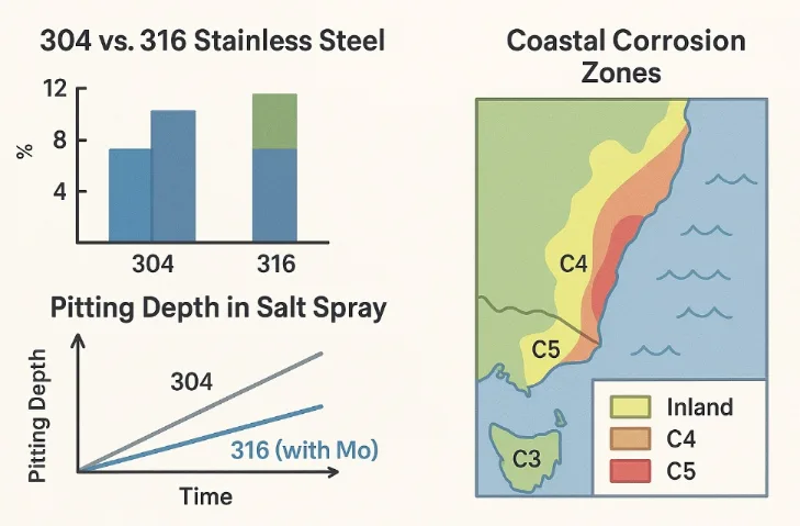 Инфографика, сравнивающая коррозионную стойкость нержавеющей стали AISI 304 и 316. Диаграммы показывают, что молибден, добавленный в 316, значительно уменьшает глубину точечной коррозии в испытаниях с использованием соляного тумана. На карте прибрежных районов выделены зоны C4/C5, где необходимо использовать 316.