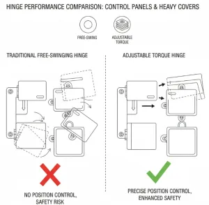 charnières standard-vs-charnières à couple réglable-sur-panneaux-et-couvertures-lourdes