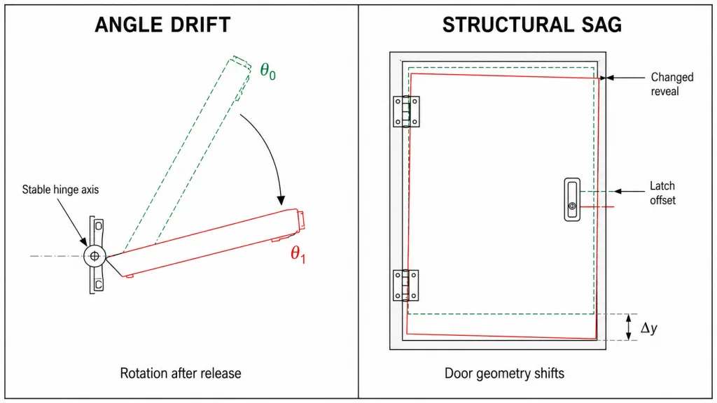 Torque hinge drift compared with structural door sag