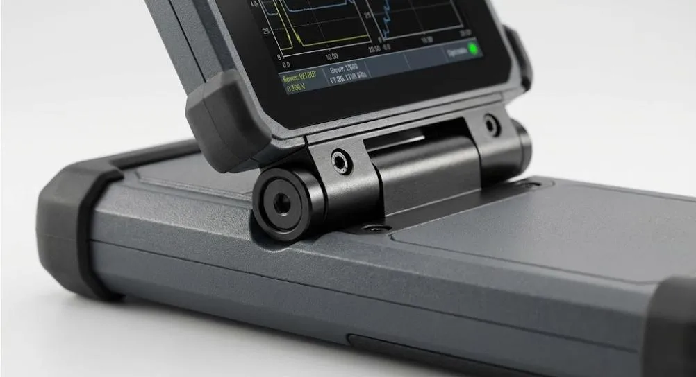 Nahaufnahme eines Seitenprofils eines robusten Geräts, das ein schwarzes Scharnier mit einem Drehmoment von 0,5 Nm zur Bildschirmabstützung zeigt.