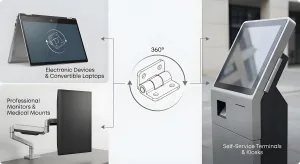 Schematic diagram showing 360-degree friction hinge applications in electronic devices, monitors, and self-service terminals.