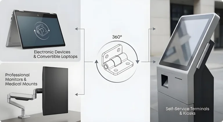 Schematic diagram showing 360-degree friction hinge applications in electronic devices, monitors, and self-service terminals.