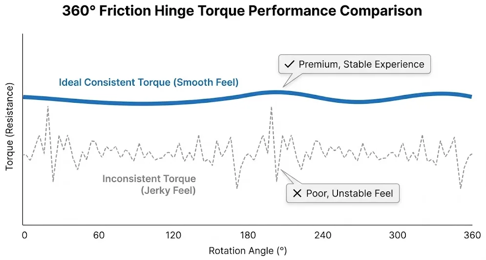 Torque performance comparison chart for 360-Degree Friction Hinges showing smooth vs inconsistent torque.