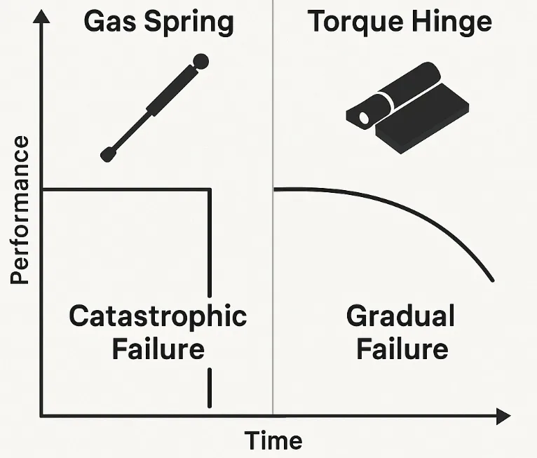 Chart comparing gas spring catastrophic failure versus torque hinge gradual performance decline.