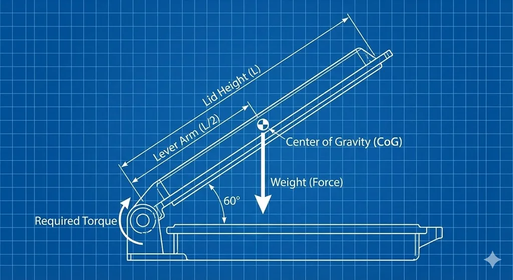 Diagram illustrating torque calculation factors including lid height, center of gravity, and lever arm for heavy-duty hinge selection
