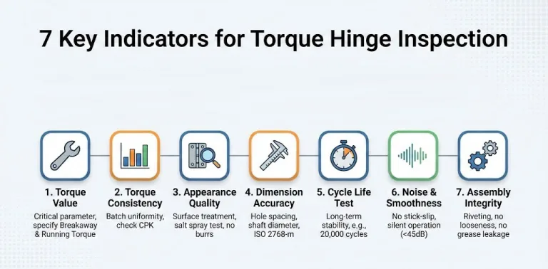 Infographic detailing 7 essential quality control indicators for industrial torque hinge inspection during procurement.