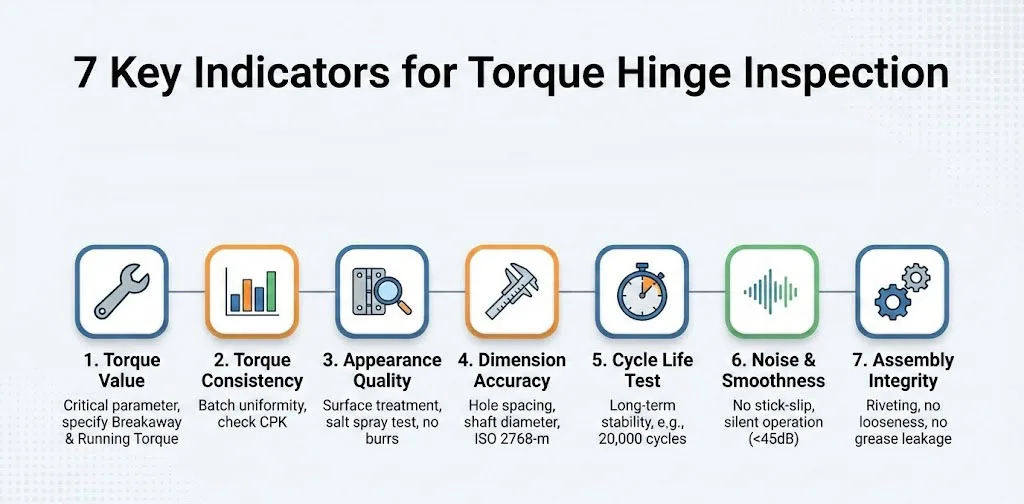 Infographic detailing 7 essential quality control indicators for industrial torque hinge inspection during procurement.