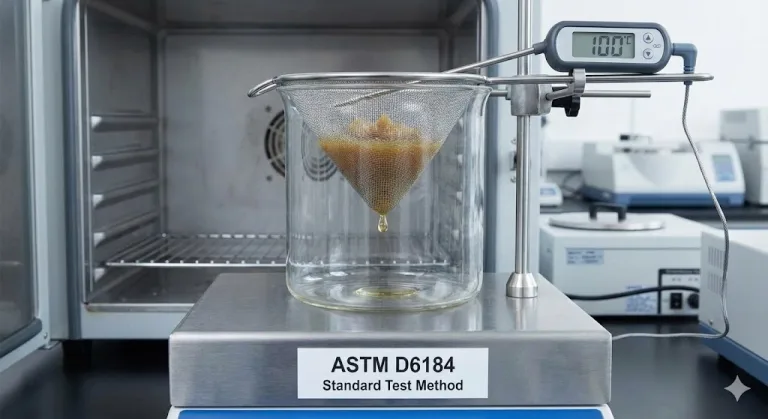 ASTM D6184 test apparatus showing oil separation from grease at 100°C.