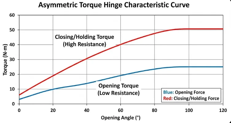 Graph showing asymmetric torque hinge profile: Low opening force vs high closing resistance