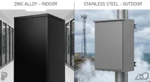 Concealed hinge comparison: Zinc alloy for indoor racks, Stainless Steel for outdoor coastal enclosures.