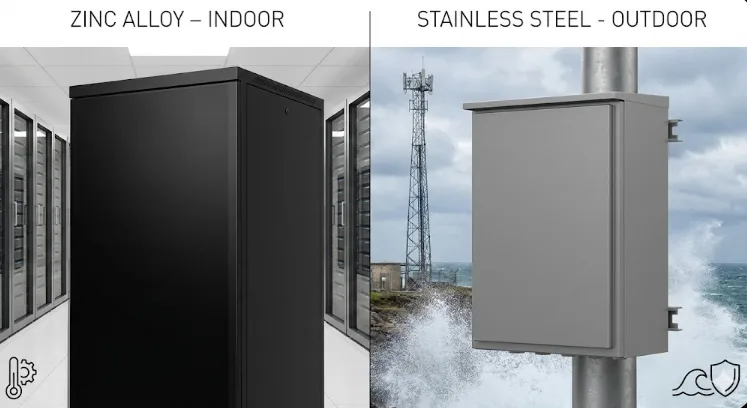 Concealed hinge comparison: Zinc alloy for indoor racks, Stainless Steel for outdoor coastal enclosures.
