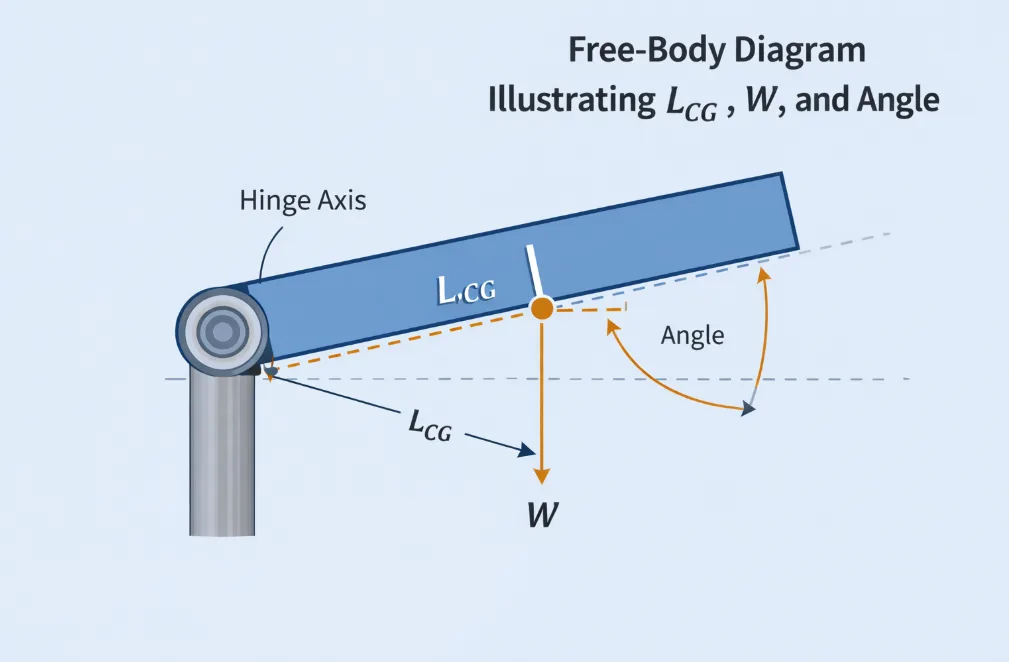 Free-body diagram illustrating Lcg distance, weight W, and angle relative to a hinge axis.