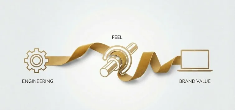 Illustration montrant un mécanisme de charnière à friction créant la "sensation" qui alimente la valeur de la marque.