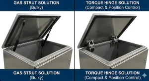 Comparison: Internal space usage of bulky gas struts versus compact heavy-duty torque hinges on an industrial cabinet