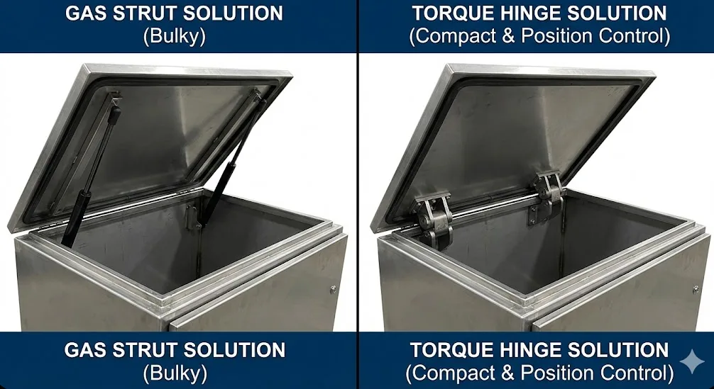 Comparison: Internal space usage of bulky gas struts versus compact heavy-duty torque hinges on an industrial cabinet