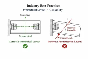 Diagram comparing correct symmetrical vs. incorrect asymmetrical hinge layouts and coaxiality errors.