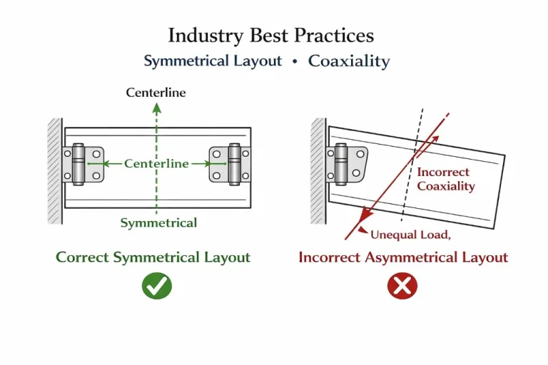 Diagram comparing correct symmetrical vs. incorrect asymmetrical hinge layouts and coaxiality errors.