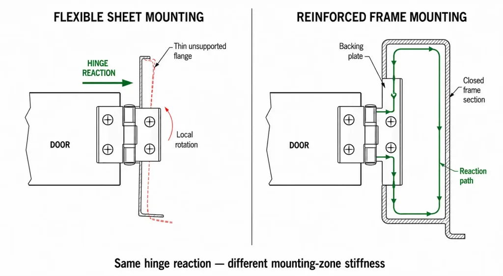 Flexible sheet and reinforced frame hinge mounting