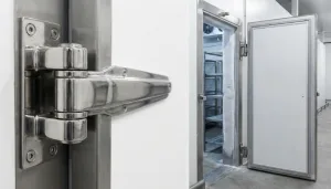 Heavy-duty stainless steel hinge on a cold storage door, with a frosted freezer room behind.