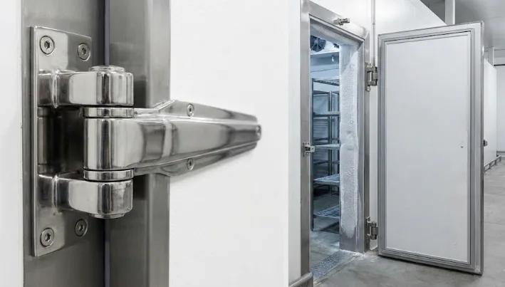 Heavy-duty stainless steel hinge on a cold storage door, with a frosted freezer room behind.