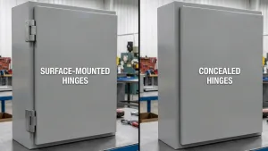 Comparison of an industrial enclosure using surface-mounted hinges versus concealed hinges in a workshop.