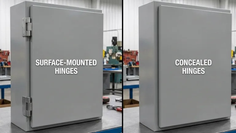 Comparison of an industrial enclosure using surface-mounted hinges versus concealed hinges in a workshop.