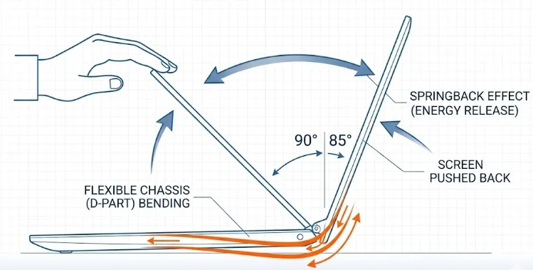 Diagram showing laptop screen springback caused by flexible chassis housing around the friction hinge.
