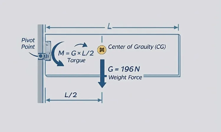 Mechanical diagram showing door torque calculation, indicating pivot, gravity, and lever arm.