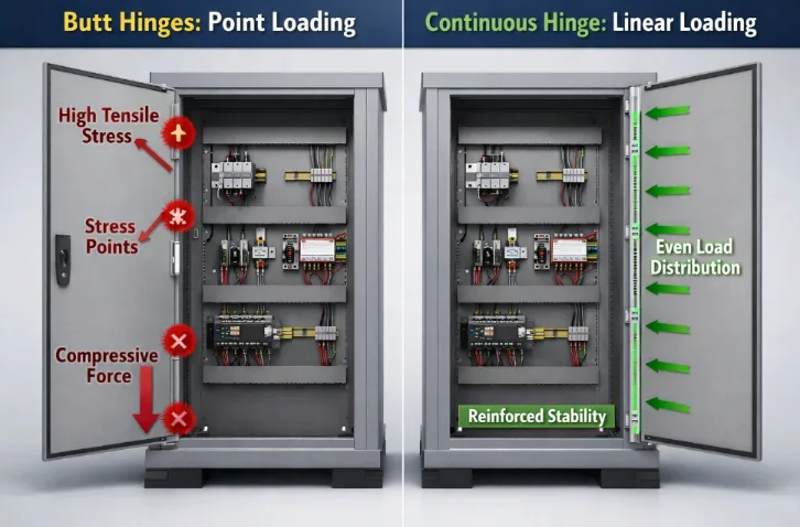 Stress comparison: Point loading on 3 hinges vs. linear loading on a continuous hinge.