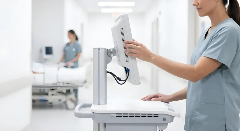 Nurse adjusting medical monitor angle with 2.0N m heavy-duty torque hinge