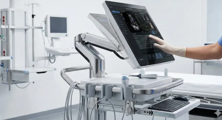 Doctor adjusting medical ultrasound monitor cart via precision torque hinge.