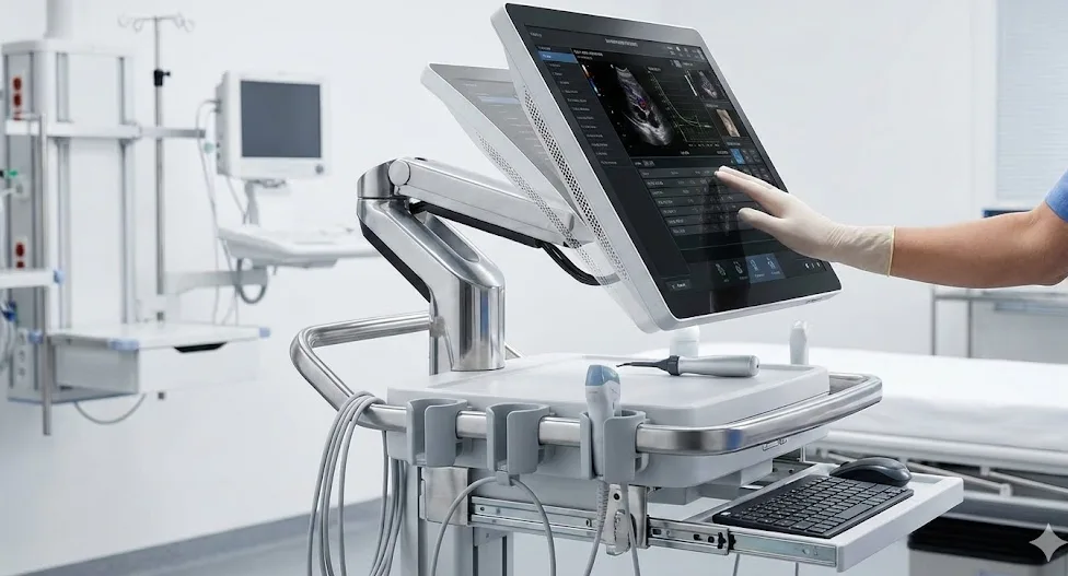 Doctor adjusting medical ultrasound monitor cart via precision torque hinge.