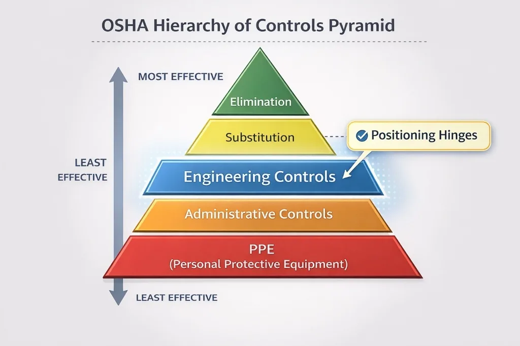 OSHA safety pyramid highlighting Positioning Hinges as an Engineering Control.