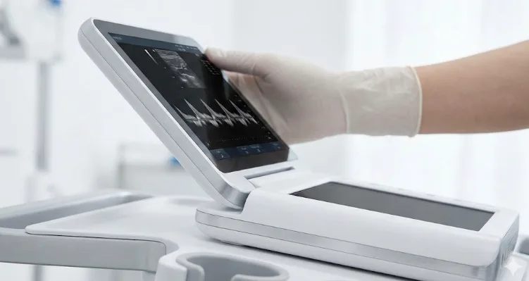 Portable medical ultrasound monitor with a slim free-stop torque hinge for adjustable viewing.
