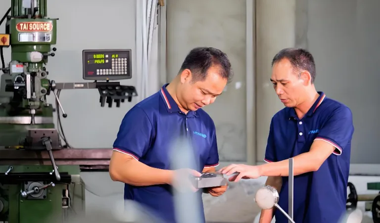 Engineers inspecting a metal part on a factory floor during a supplier quality audit.