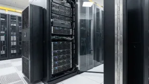 Data center server rack cabinet featuring a continuous hinge on the open door.