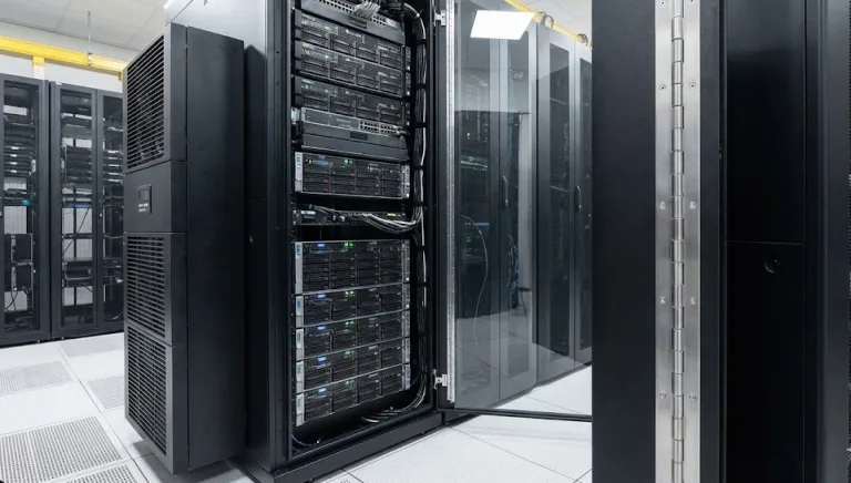 Data center server rack cabinet featuring a continuous hinge on the open door.