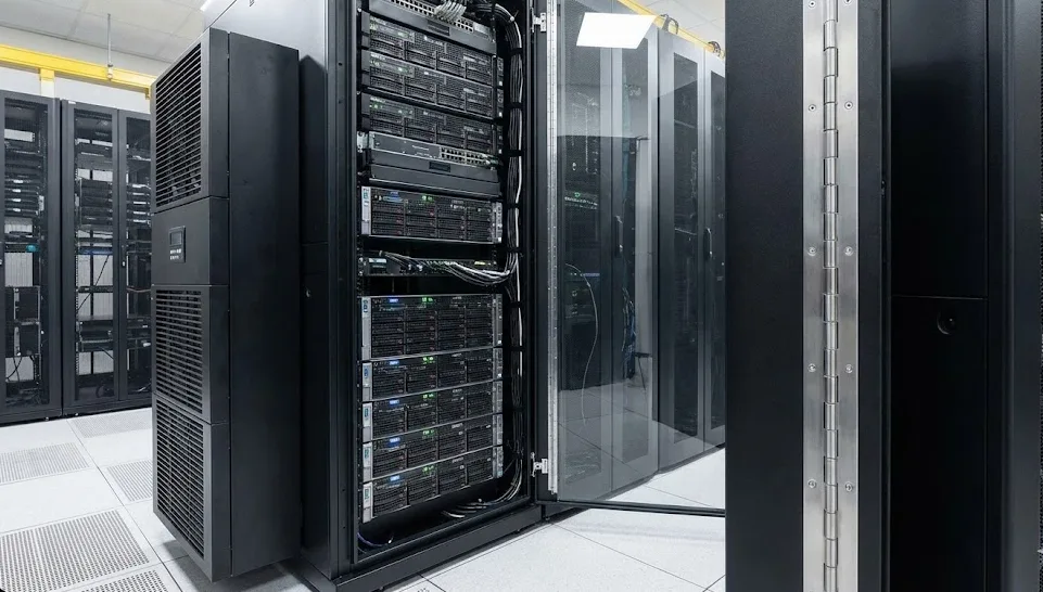 Data center server rack cabinet featuring a continuous hinge on the open door.