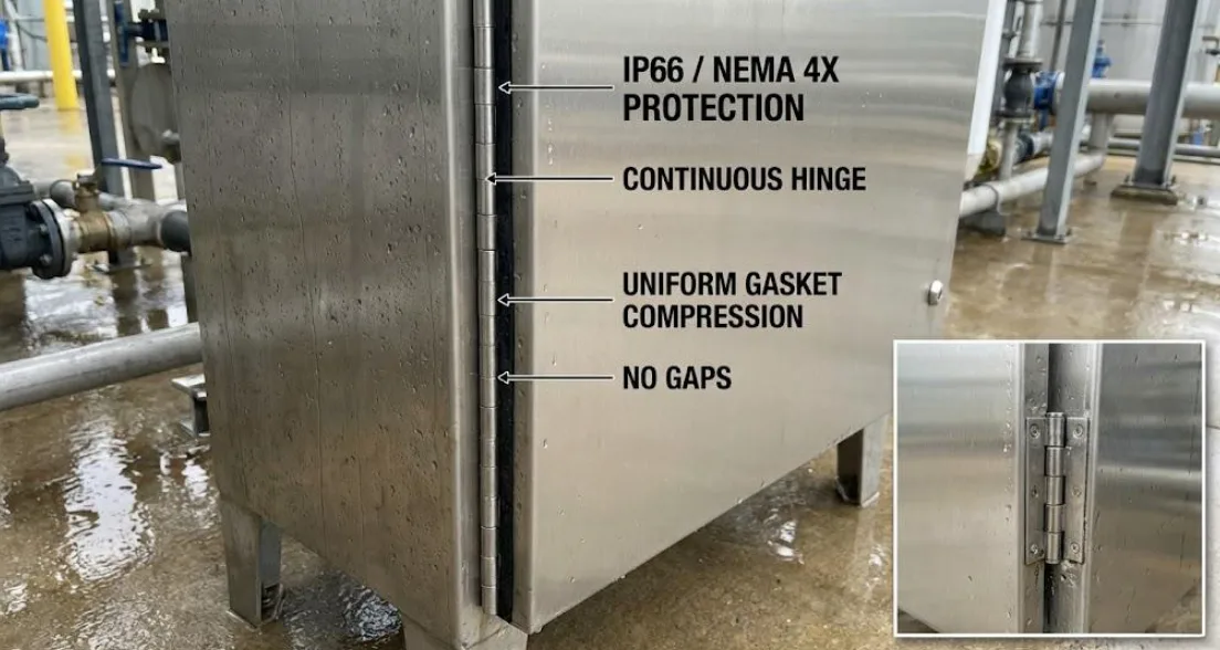 Continuous hinge on stainless enclosure showing IP66/NEMA 4X uniform sealing.