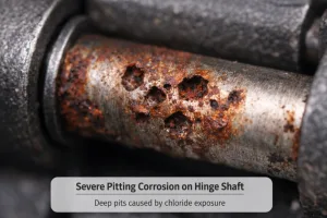 Pitting corrosion on stainless steel hinge shaft caused by repeated chloride disinfectant exposure