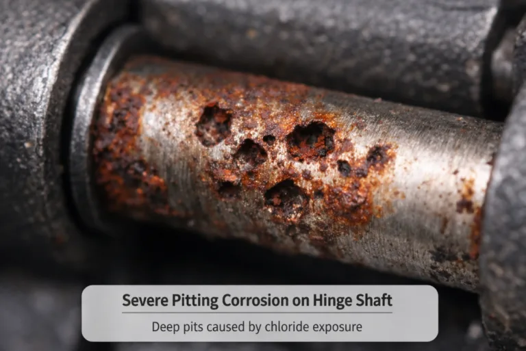 Pitting corrosion on stainless steel hinge shaft caused by repeated chloride disinfectant exposure